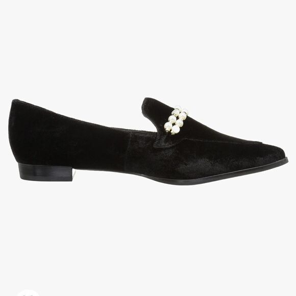 Marc Fisher Black Velvety Kneel Pearl Embellished Pointed Toe Slip On Loafer - Picture 3 of 16